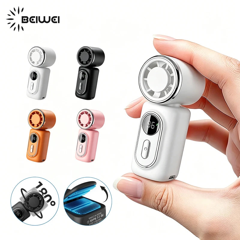 Mini Fan Portable Handheld Small Fan 5 Speeds Cooling Turbo 3000mAh 180° Adjustable Clip LED Display Type-C Rechargeable Fans