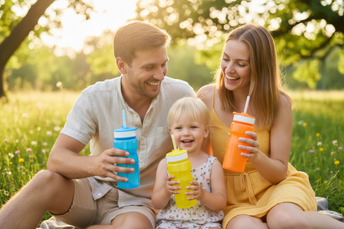 Familie met waterfles